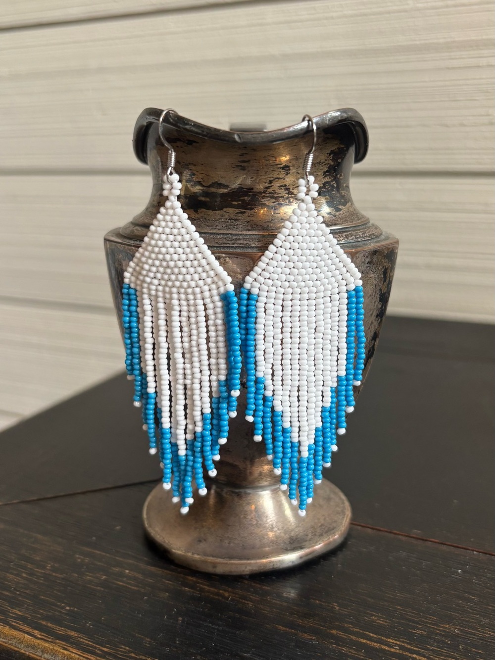 Fringe Dangle White & Blue Glass Bead Earrings Jewelry Boho Style Festival NEW